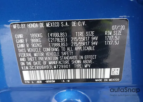 2020 Honda Hr-V Awd Touring из США, поврежденный, VIN 3CZRU6H93LM729901